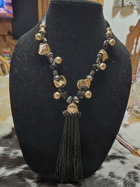 Luv Me Lov Statement Elegant Black & Gold Extra Long Tassel Necklace NWT